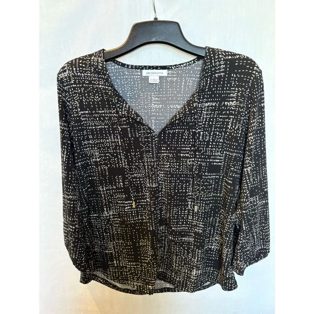 Liz Claiborne Black & White Printed V-Neck Blouse Size Large 3/4 Sleeve